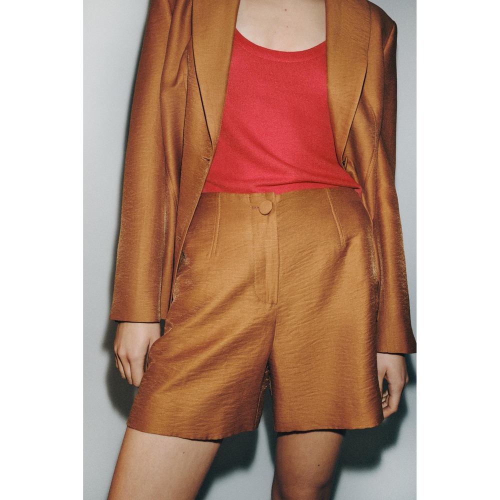 Zara Womens High Waisted Burnt Orange Linen Blend Shorts Size M